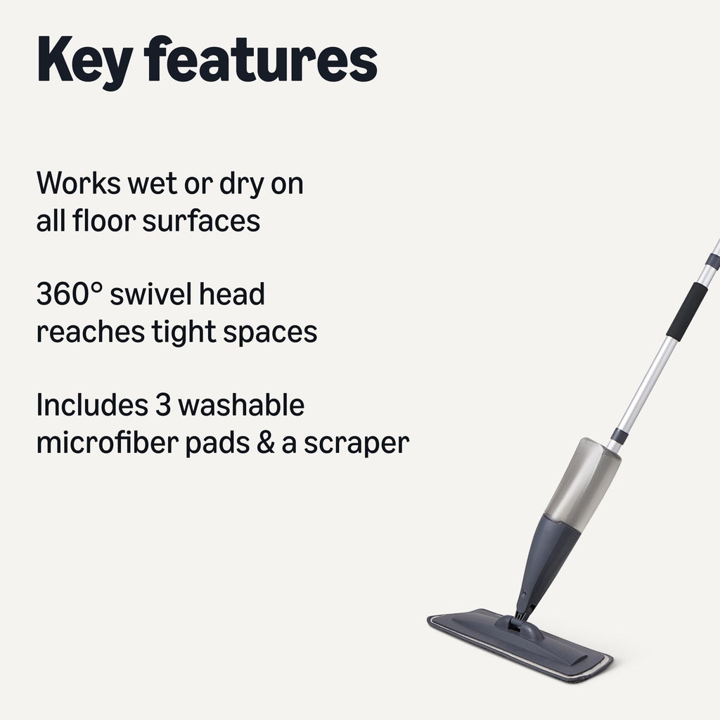 Amazon Basics Dry and Wet Floor Spray Mop, 360-Degree Swivel Spray Mop for Hardwood Tile Laminate Floor Cleaning with 16.9 oz Refillable Tank, 49-inch, 3-Pack Washable Pads