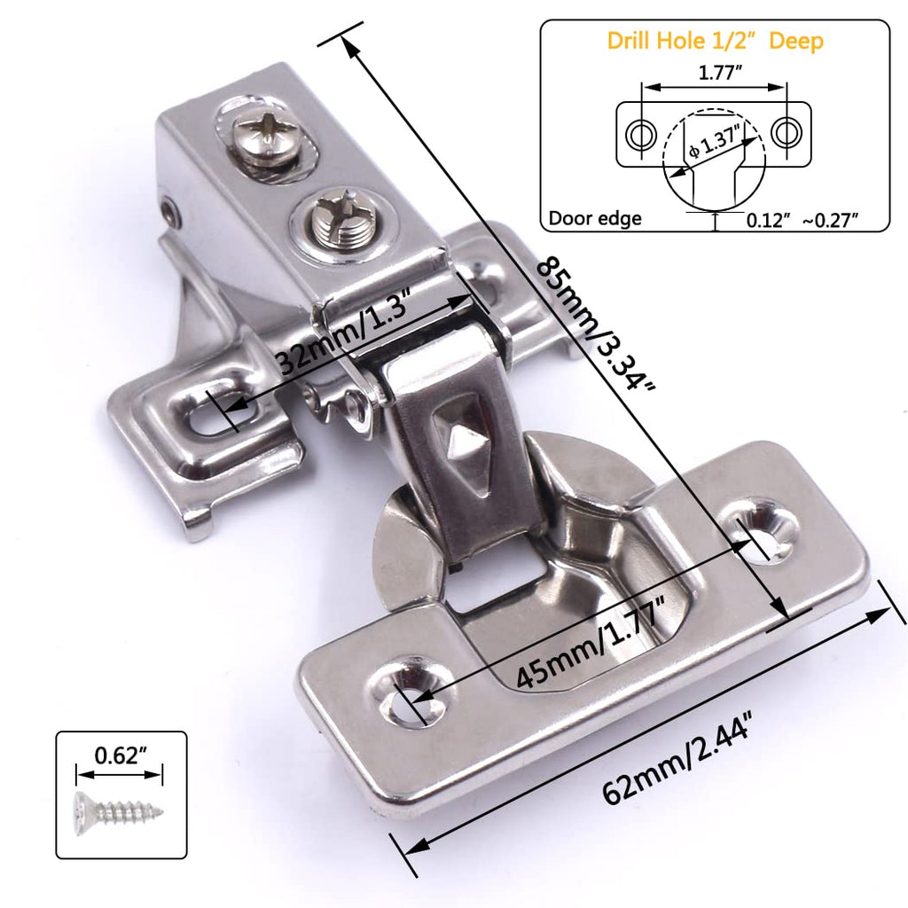 KONIGEEHRE 2 Pack Soft Close Cabinet Door Hinges for 1/2" Partial Overlay Cupboard, 100 Degree Opening Angel, Stainless Concealed Kitchen Cabinet Hinges with Mounting Screws and Manual