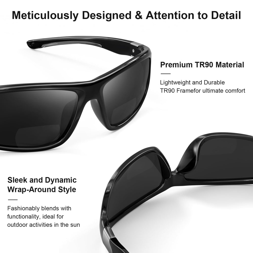 SKYFUEN Bifocal Polarized Sunglasses Men, Anti glare/UV TR90 Wrap Sports Sun Readers Reading Glasses Fishing Driving Outdoor Far/Near Tinted Bi-Focal Build-in Vintage Eyeglasses, 2.0