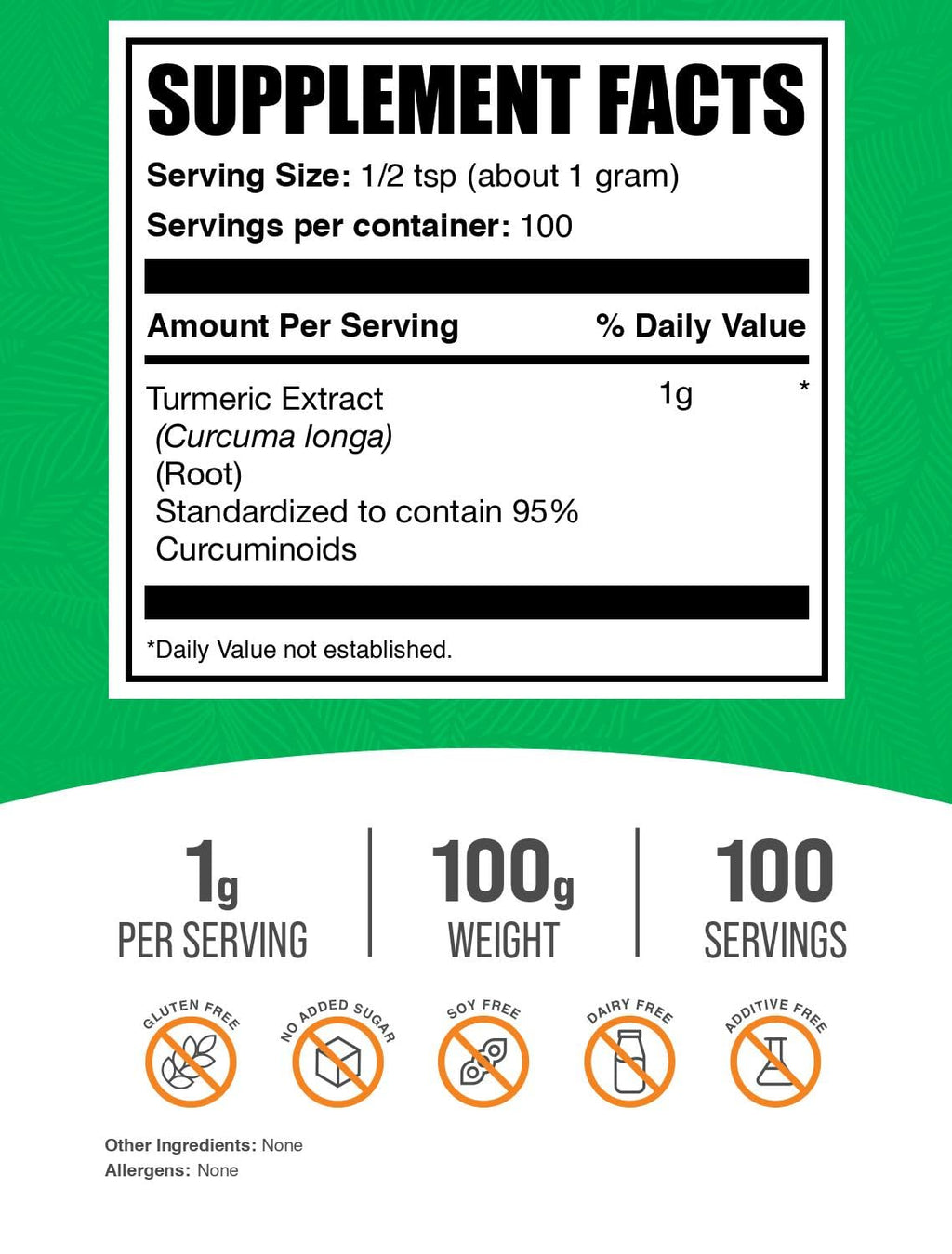 BulkSupplements.com Turmeric Extract Powder - from Turmeric Root, Curcumin Supplements, Turmeric Curcumin Powder - Gluten Free, 1g per Serving, 100g (3.5 oz) (Pack of 1)