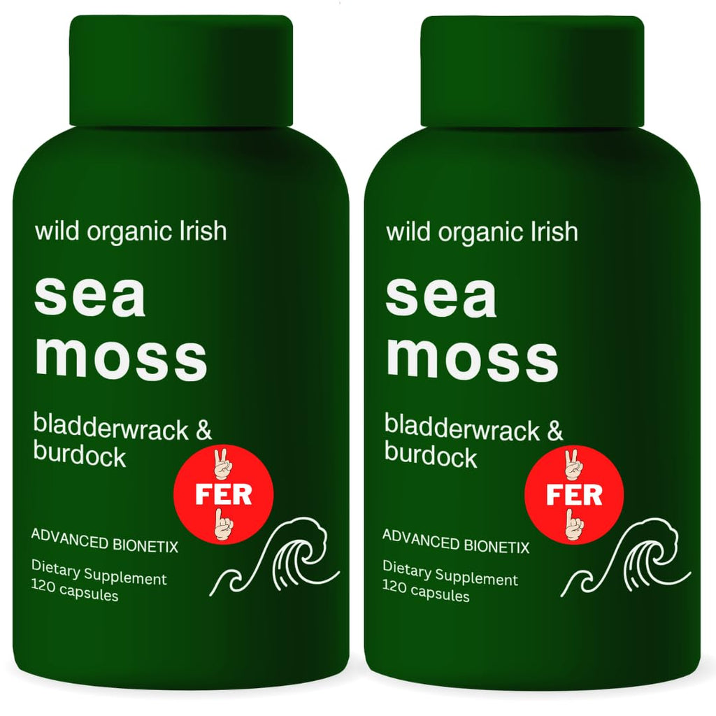 Advanced Bionetix Organic Irish Sea Moss Capsules, Raw Wildcrafted Seamoss Enhanced w/Bladderwrack & Burdock Root Capsules 240 Total Pills Antioxidant Packed. Prebiotic Superfood, Thyroid Support