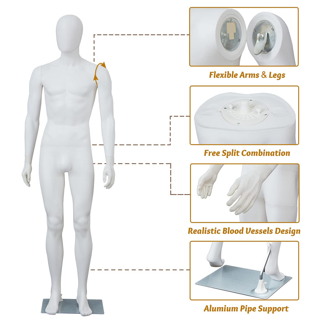 Kinfant 6Ft Male Mannequin Dress Form Display - Manikin Torso Stand Realistic Full Body Mannequin for Retail Clothing Shops, Halloween Christmas Cosplay, White