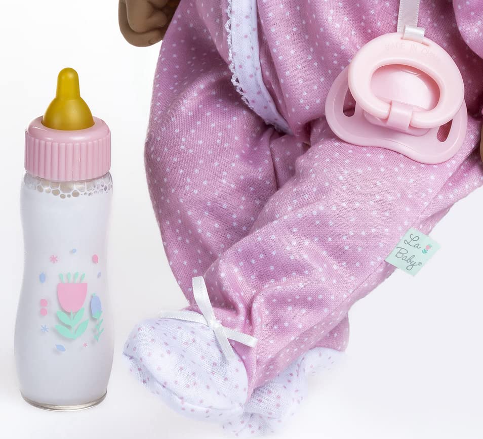 JC Toys La Baby Hispanic 16-inch Small Soft Body Baby Doll La Baby | Washable |Removable Pink and White w/Hat, Pacifier & Magic Bottle | for Children 12 Months +