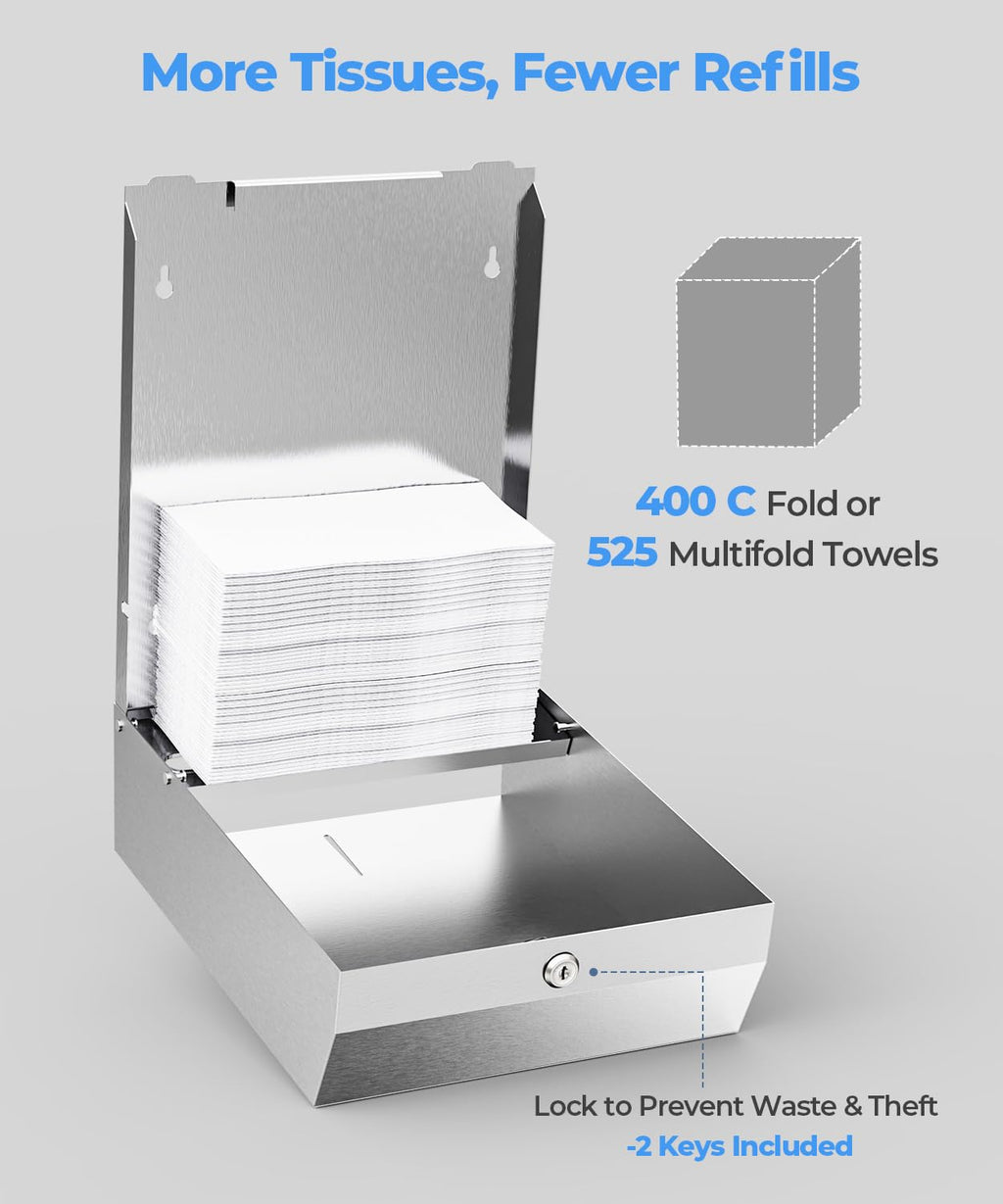Paper Towel Dispenser Wall Mount, Brushed Stainless Steel Commercial Paper Towel Holder with Lock for Multifold/Trifold Towels, Large Capacity for Bathrooms & Public Places