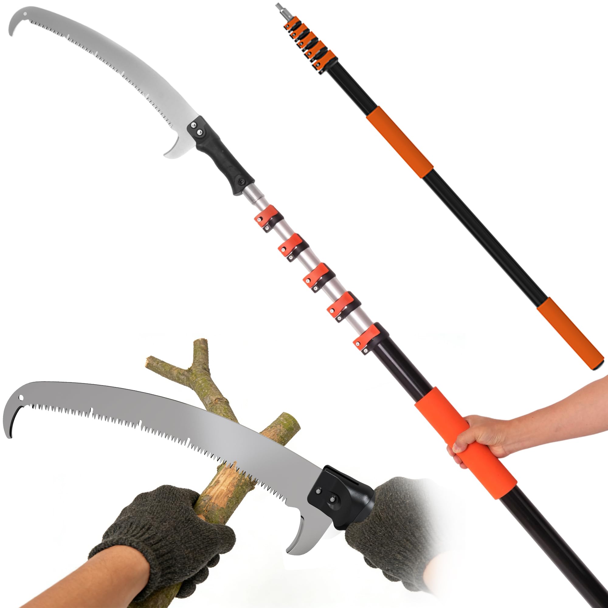 30FT Manual Pole Saw for Tree Trimming, 5-24FT Telescoping Extension Pole with Flip-Lock & Screw Dual Locking, 19" 3X Detachable Pruning Saw Head, Yard Maintenance Pruner for Garden Palms Shrubs
