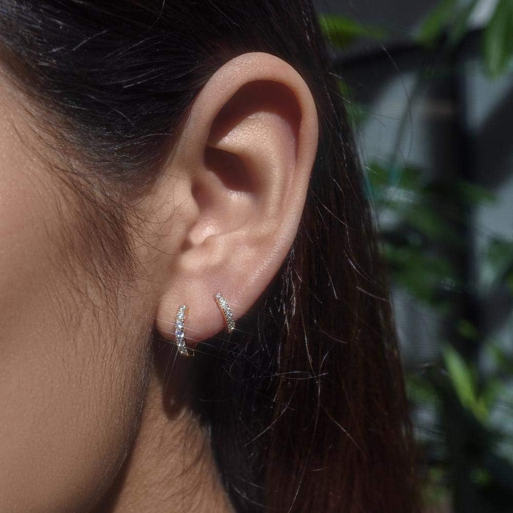 micuco 3 Pairs Small Silvertone Hoop Earrings for Women, 14K White Gold Plated Huggie Hoop Tiny Cartilage Cubic Zirconia Earrings for Men Diamond 8mm