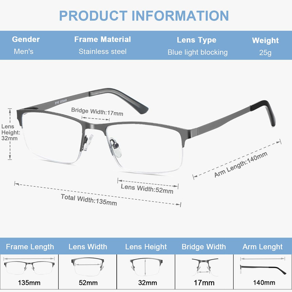 EYECEDAR 5 Pack Reading Glasses Men Blue Light Blocking Eyeglasses Gunmetal Gray Metal Half Frame Spring Hinges Readers for Men and Women 1.5