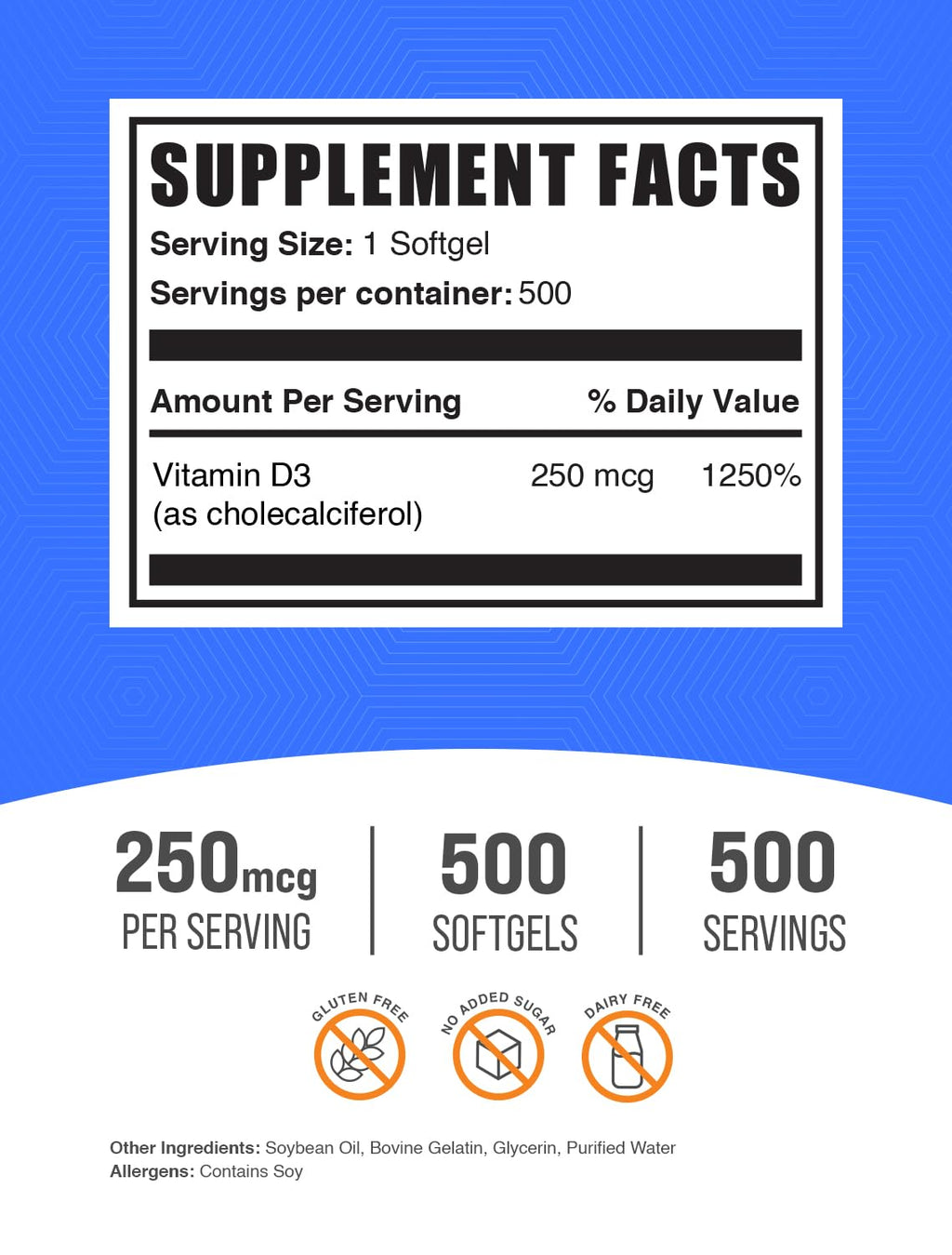 BulkSupplements.com Vitamin D3 10000IU Softgels - Cholecalciferol, D3 Supplement, Vitamin D 10000 IU - 1 Vitamin D3 Softgel (250mcg of Vitamin D) per Serving - 500-Day Supply, 500 Softgels