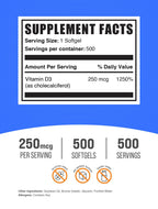 BulkSupplements.com Vitamin D3 10000IU Softgels - Cholecalciferol, D3 Supplement, Vitamin D 10000 IU - 1 Vitamin D3 Softgel (250mcg of Vitamin D) per Serving - 500-Day Supply, 500 Softgels