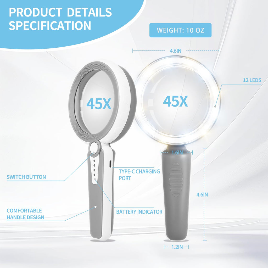 HUIBOER 45X Magnifying Glass with Light, 4.6 Inch 1200mAh USB Rechargeable, 6 Light Modes, Large Handheld Magnifier for Low Vision Seniors with Macular Degeneration, Reading, Jewelry, Coins - Grey