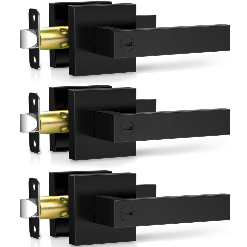 Plustool 3 Pack Matte Black Door Handles, Keyless Interior Door Knobs, Privacy Door Lever Locksets for Bedroom Bathroom, Heavy Duty Square Door Lock, Reversible for Left&Right Handled Doors