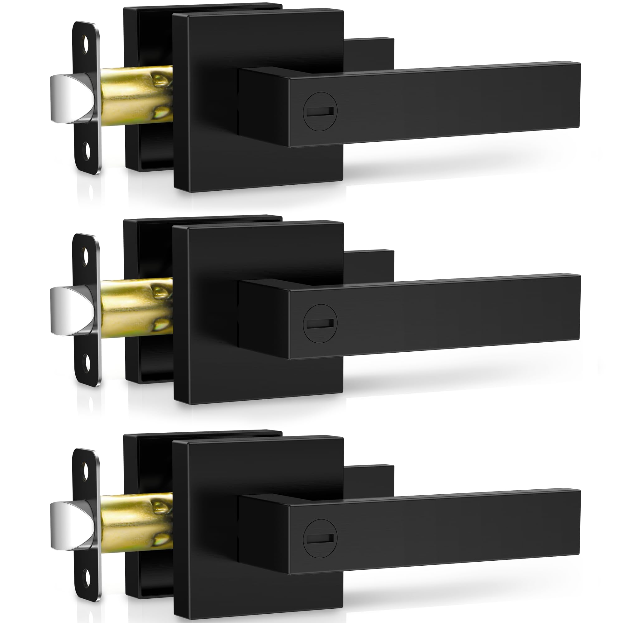Plustool 3 Pack Matte Black Door Handles, Keyless Interior Door Knobs, Privacy Door Lever Locksets for Bedroom Bathroom, Heavy Duty Square Door Lock, Reversible for Left&Right Handled Doors