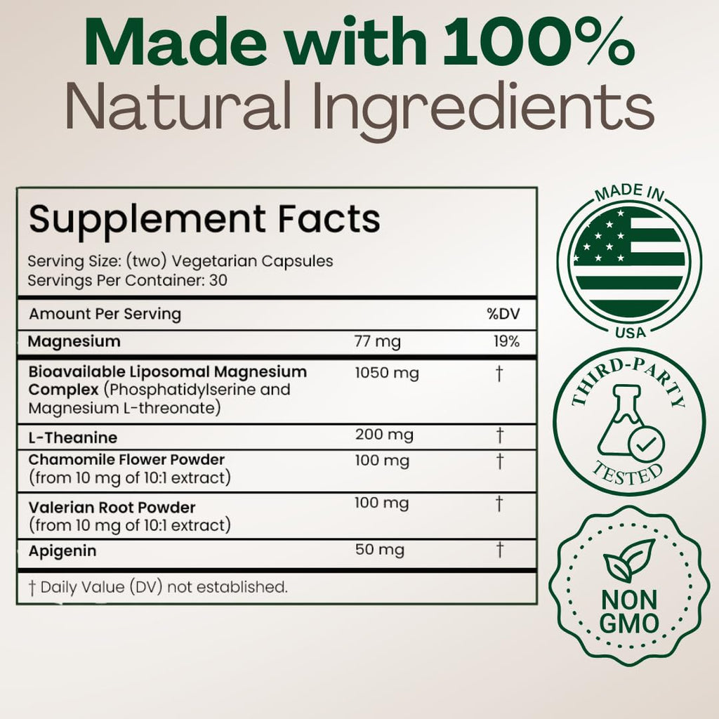 MAGPLUS+ Magnesium L-Threonate w Apigenin & L Theanine | 7-Ingredient Sleep Blend | Brain, Memory, & Sleep Support | Liposomal Magnesium Threonate Supplement (60 Capsules)