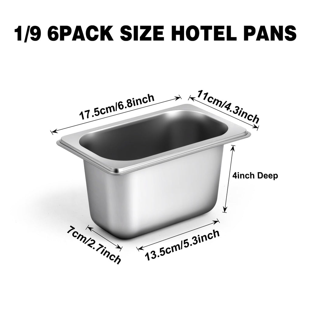 West Bay 6 Pack 1/9 Size Hotel Pan with Lids, 4'' Deep Steam Table Pan with Lid, 5.3'L x 2.7''W Stainless Steel Pans for Home, Party, Hotel, Buffet