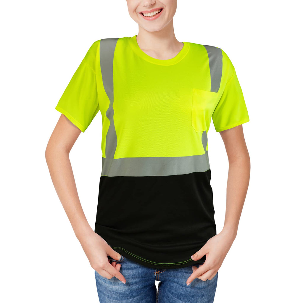 DPSAFETY Hi Vis Safety Shirts，High Visibility T Shirts with Reflective Strips and Pocket, Quick Dry Mesh Construction Work Shirt for Men/Women Black Bottom Lime 3pk 2XL