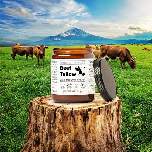 Santa Cruz Paleo Beef Tallow for Skin Care & Cooking, 100% Grass Fed and Finished, Gluten Free, Keto, Sugar Free, Paleo, Use as Lip Balm or Moisturizer, With Vitamin D, E, K, B1, A, Fatty Acids, 8 Oz
