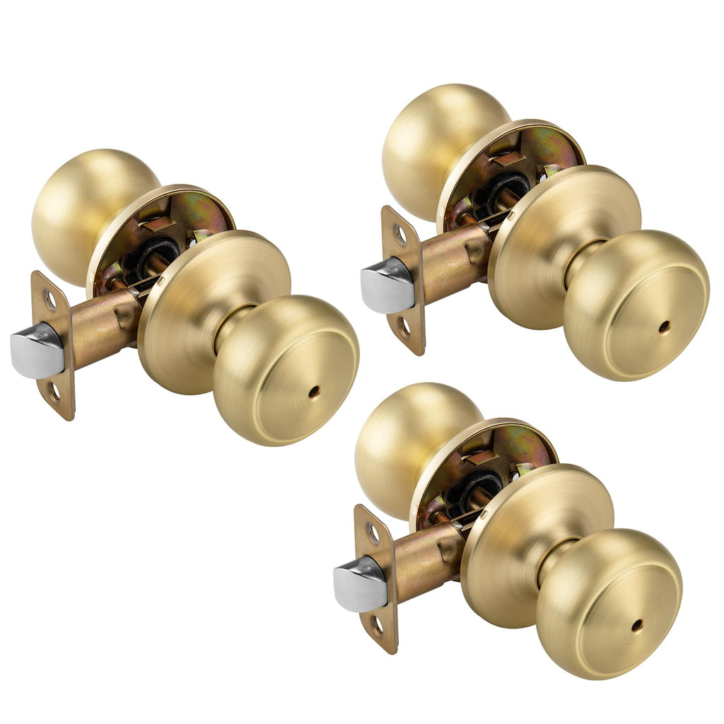 NCSEN 3 Pack Gold Door Knobs,Interior Door Knob with Lock,Coastal Style Satin Brass Door knob for Privacy and Bedroom