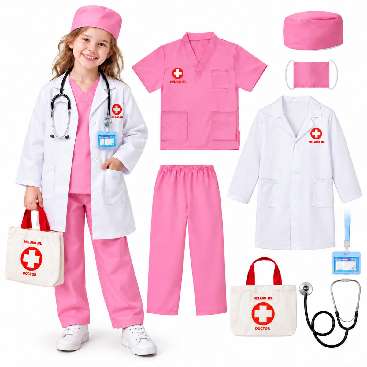 Meland Doctor Costume for Kids 3-10, Kids Dress Up Set with Lab Coat & Accessories for Role Play Halloween(Pink,5-6 Years)