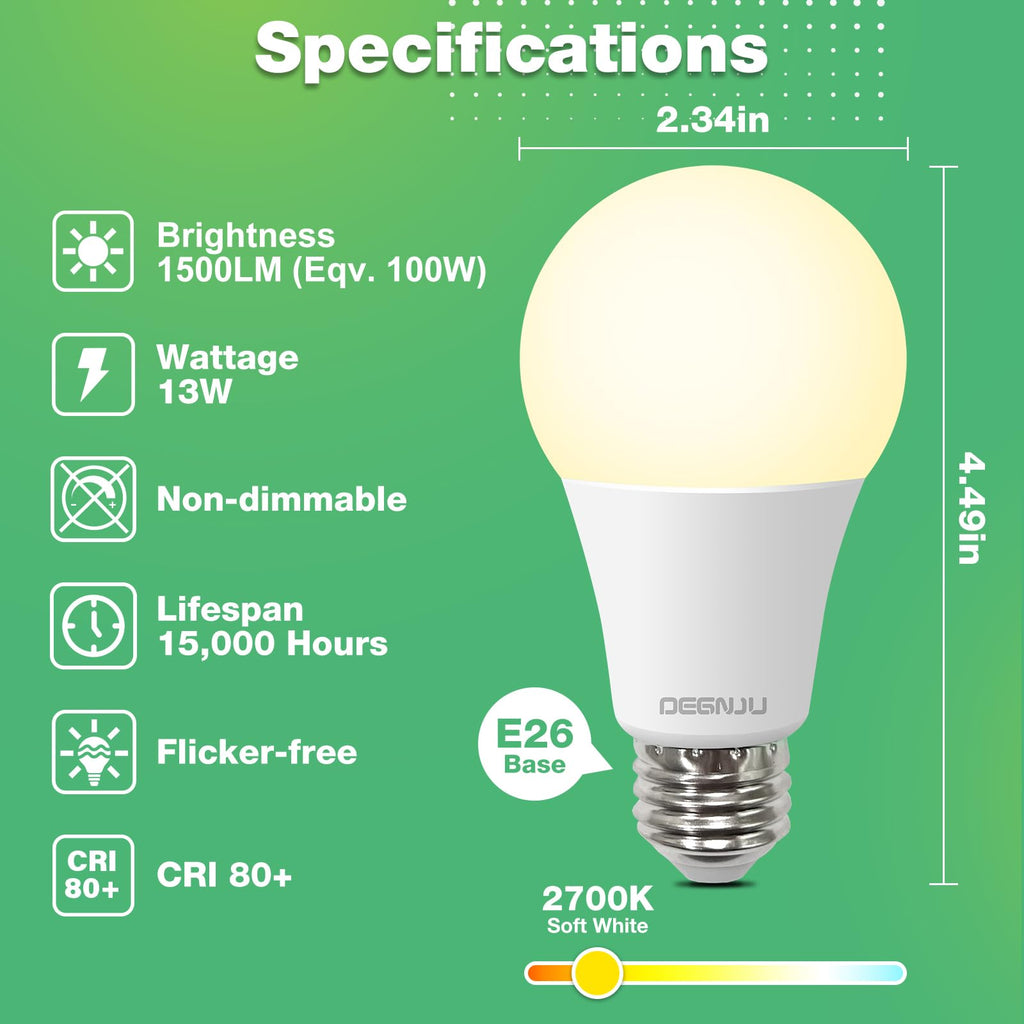 DEGNJU Light Bulbs,100 Watt LED Light Bulb Equivalent, 1500LM, Soft White 2700K Bulb with E26 Base, 13W Bright LED Bulb, 15000H, Non-Dimmable, White E26 Bulbs for Rooms, 12 Pack