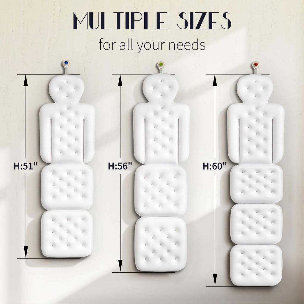 Full Body Bath Pillow for Bathtub, Thick Bath Cushion with Laundry Bag and 160 Silicone Suction Cups, Luxury Tub Padding Support for Head Back Butt Legs White 51" x 16"