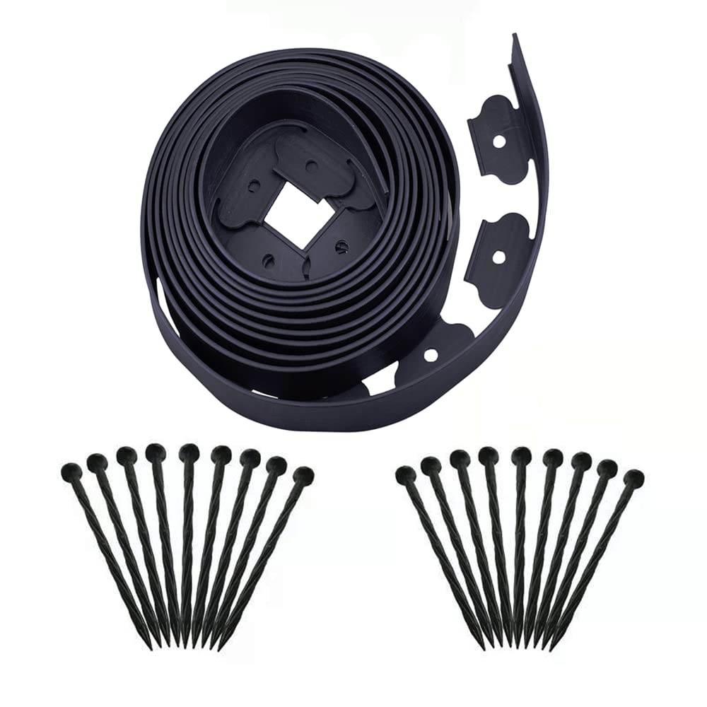 Garden Edging，20ft Landscape Edging with 20 Spikes for Lawn 2 Inch Tall(Black, 20FT)