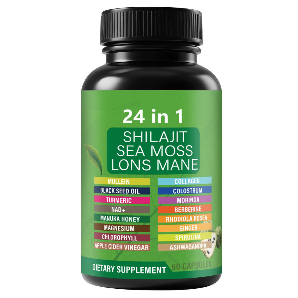 Soursop Capsules with 24-in-1 Herbal Blend - Includes Graviola, Shilajit, Sea Moss, Lions Mane, Turmeric, Ashwagandha, Ginger, Manuka Honey - Vegan, Non-GMO Dietary Supplement - 60 Capsules (01)