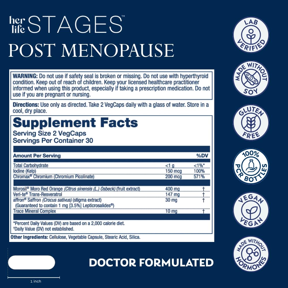 SOLARAY Postmenopause her Life Stages - Post Menopause Supplements for Women with Resveratrol - Vegan and Made Without Hormones - 60-Day Guarantee - Vegan, Lab Verified - 30 Servings, 60 VegCaps