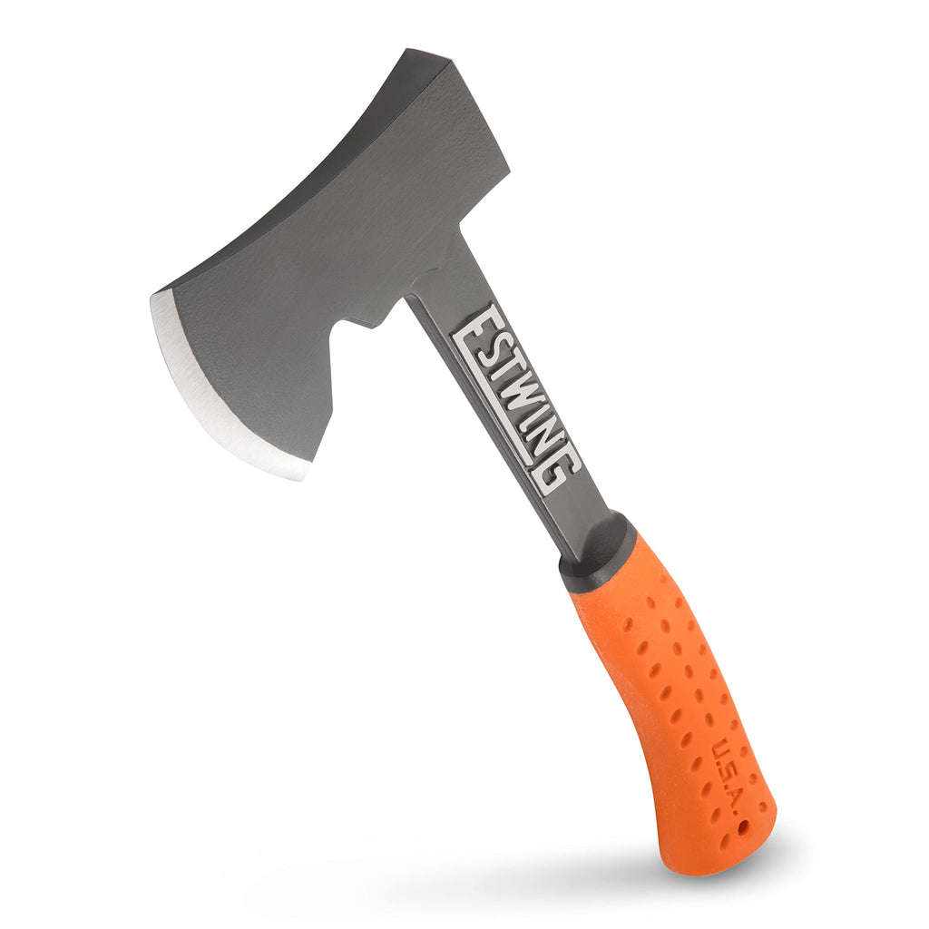 ESTWING Camper's Axe - 14" USA Made Black Hatchet with Tent Stake Puller & Hi-Vis Orange Shock Reduction Grip - EO-25A