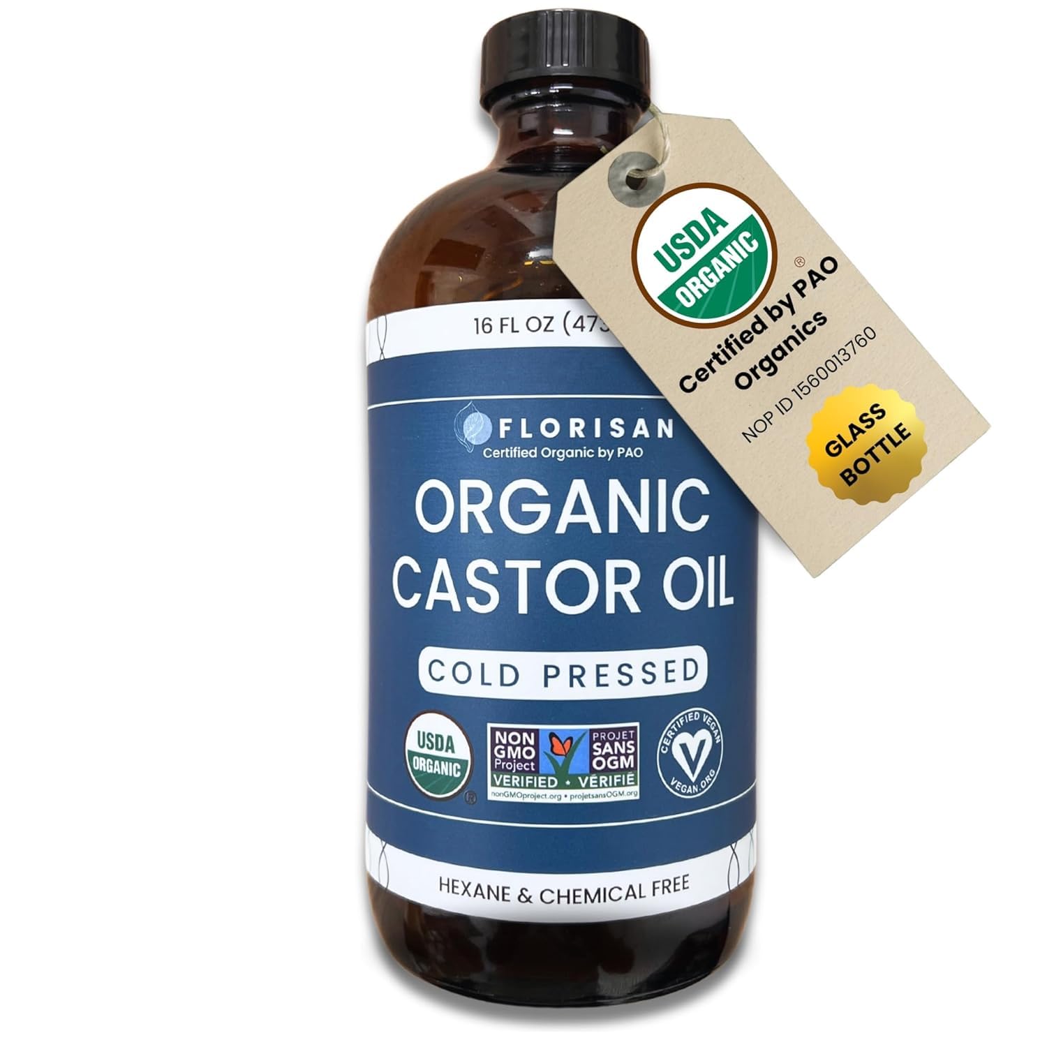 Florisan Organic Castor Oil, EWG Verified & USDA Organic Certified, 16oz, Cold-Pressed, Hexane-Free, Non-GMO, For Hair, Skin, Lashes, Brows, 100% Pure Castor Oil