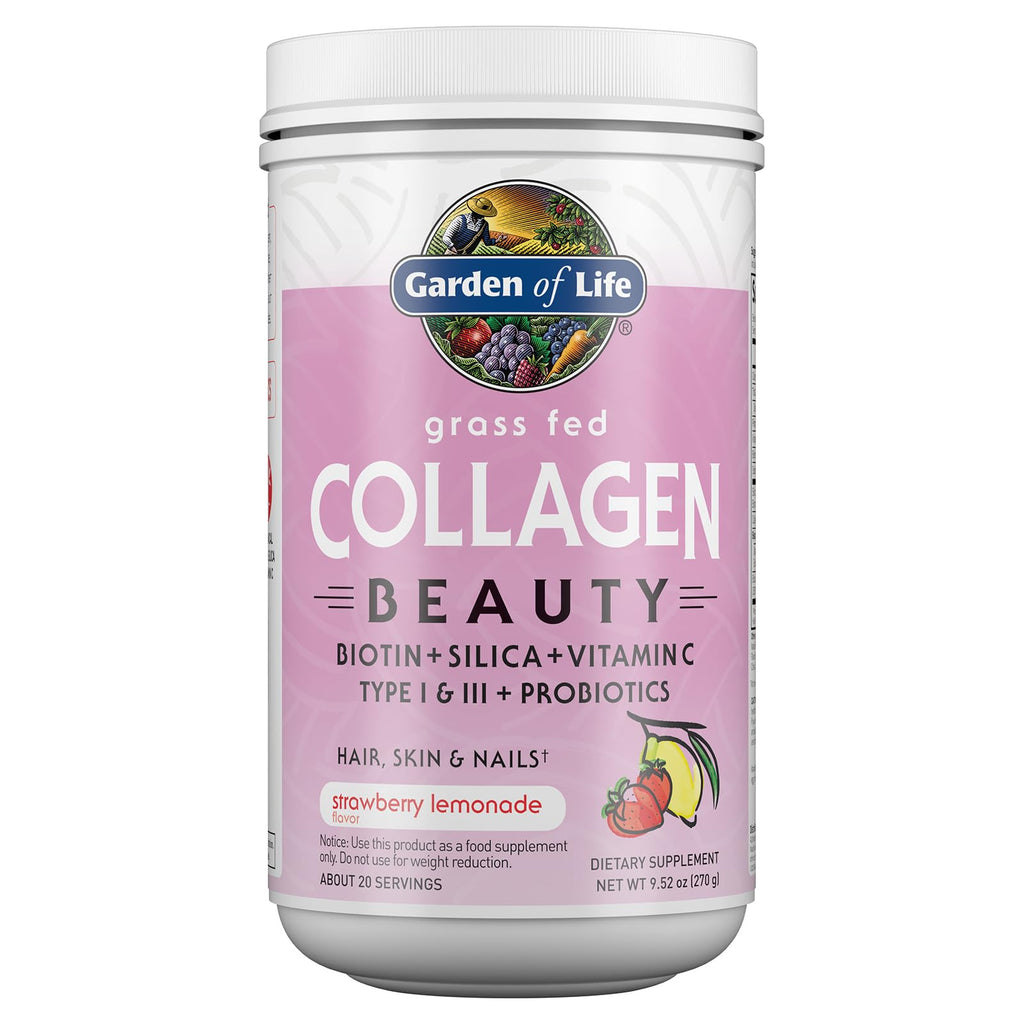 Garden of Life Grass Fed Collagen Beauty - Strawberry Lemonade, 20 Servings, Powder for Women Men Hair Skin Nails, Hydrolyzed Collagen Peptides Protein Powder Supplement