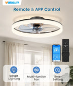 VOLISUN Low Profile Ceiling Fans with Lights and Remote, 24in Fandelier Ceiling Fan Flush Mount, 3000K-6500K Smart Bladeless LED Fan Light, Black Modern Ceiling Fans with Lights for Bedroom