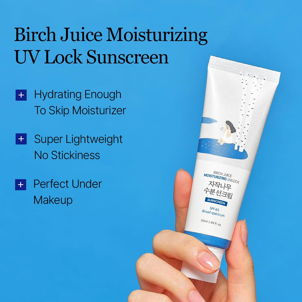ROUND LAB Birch Juice Moisturizing UV LOCK SPF 45 Broadspectrum 1+1 (2-pack), Hydrating Lotion-like Lightweight Glow Sunscreen for Sensitive Skin, No White Cast, Fragrance-Free, Korean Sunscreen