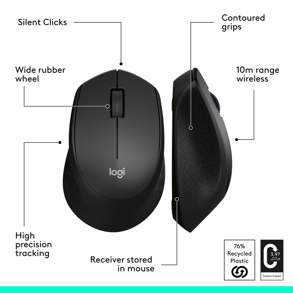 Logitech M330 Silent Plus Full Size 2.4 GHz Wireless Mouse - Black