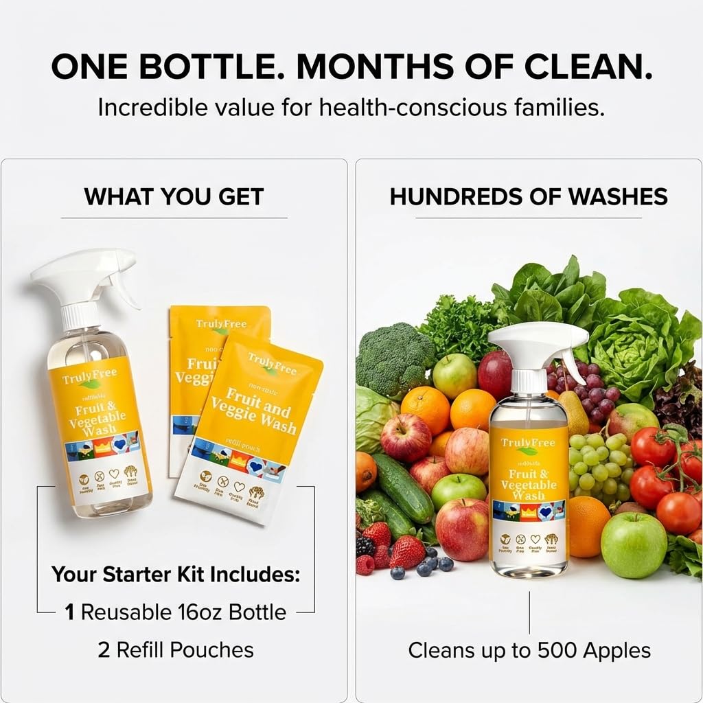 Truly Free Fruit and Vegetable Wash - Veggie Wash Removes 99% of Dirt & Wax | Plant-Based Produce Cleaner Spray | No Aftertaste, Refillable, Made in USA | Fragrance-Free, 16oz