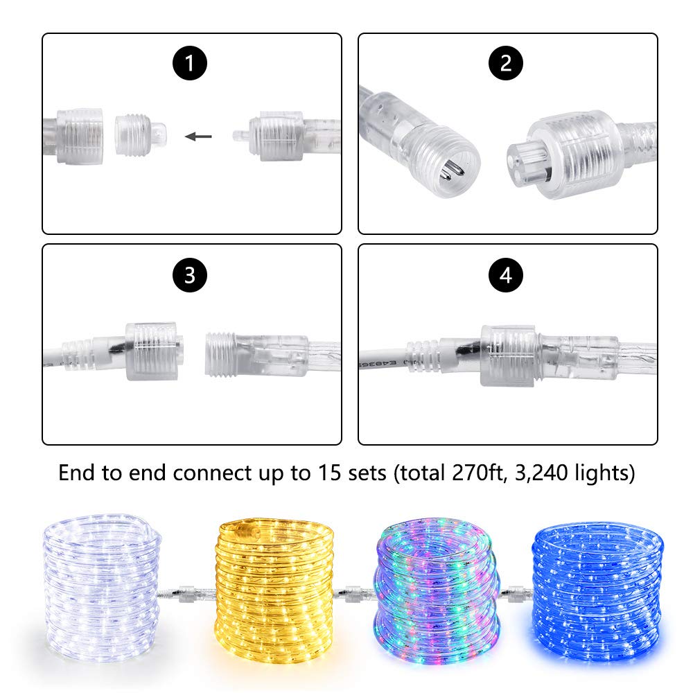 Brizled Cool White Rope Lights Connectable, 18ft 216 LED Rope Light Outdoor