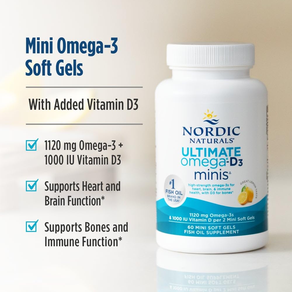 Nordic Naturals Ultimate Omega Mini D3, Lemon Flavor - 60 Mini Soft Gels - 1120 mg Omega-3 + 1000 IU Vitamin D3 - EPA & DHA - Promotes Brain & Heart Health - 30 Servings