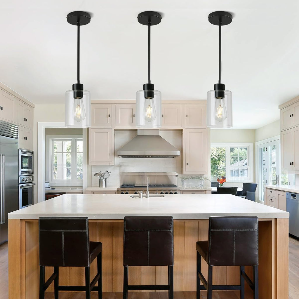 KLSS Black Pendant Lights Kitchen Island,Modern Farmhouse Glass Pendant Light,Light Fixture Kitchen Pendant Mini Hanging Light Fixture for Sink (1 Pack Black stem Rod)
