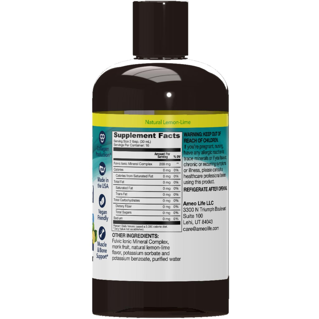 Ameo Life Fulvic Acid & Mineral Complex – Cellular Support, Detox, Collagen Boost – Promotes Skin, Hair, Nail Growth & Energy – Vegan, Gluten-Free, Non-GMO, Made in the USA -16 OZ