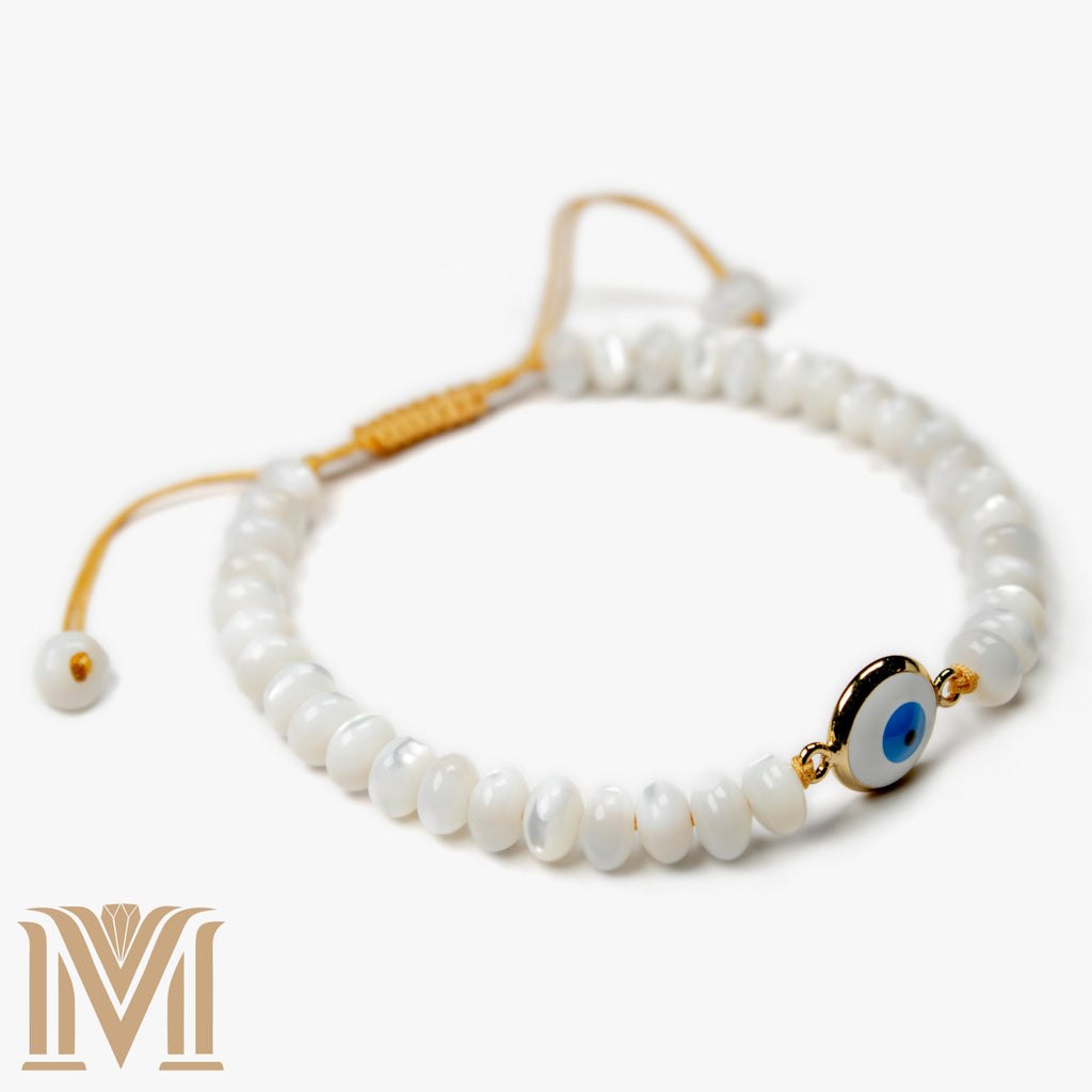 Mana Gallery Handmade Evil Eye Bracelet – White Mother of Pearl Beads with Gold-Plated Blue Eye Charm – Adjustable Macramé Cord – Protective Jewelry Gift for Women (Evil Eye Bracelet)