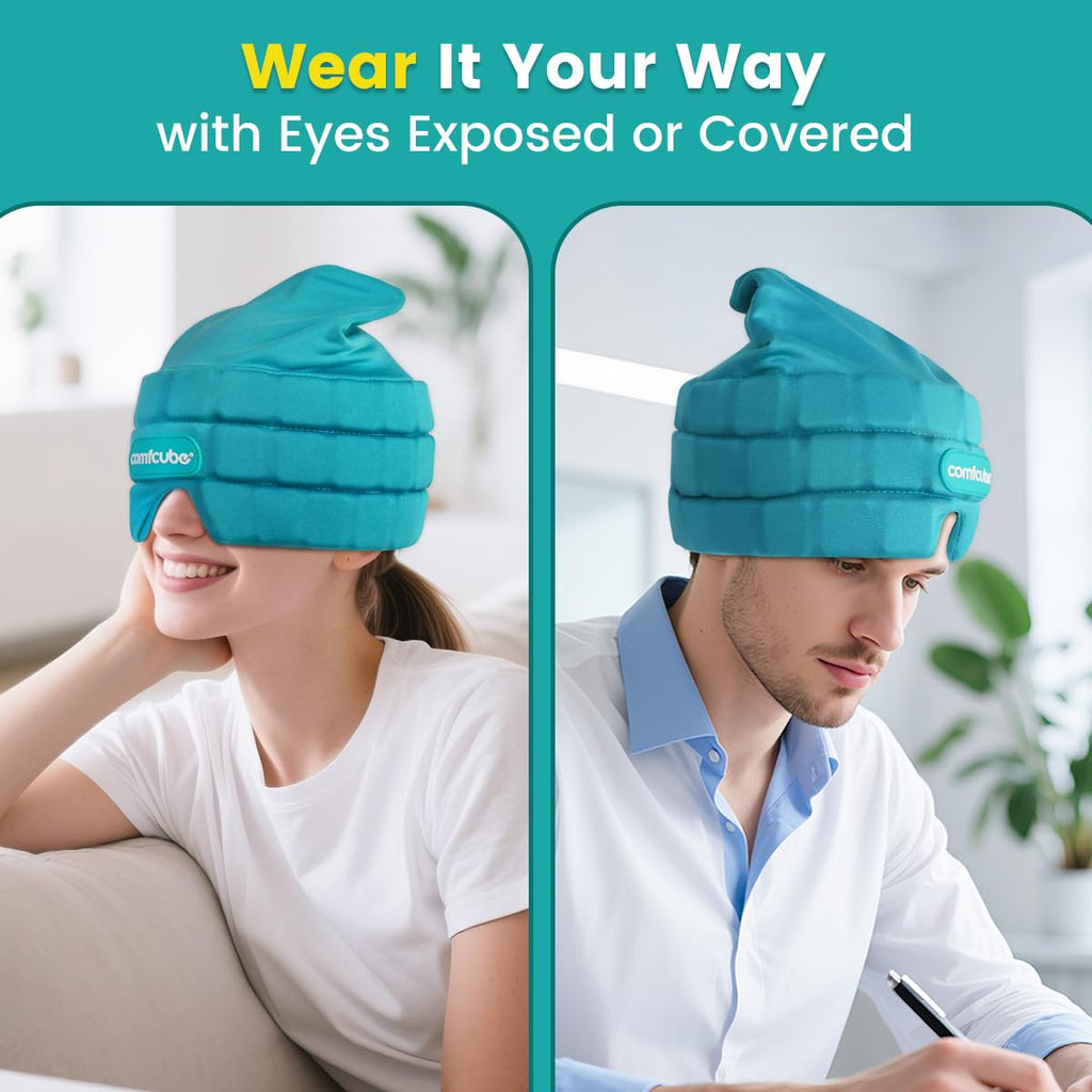 Comfcube Migraine & Headache Relief Ice Cap, 2 Hours Long Lasting Cold Therapy Wearable & Washable Form Fitting Ice Hat for Sinus & Stress Relief, Puffy Eyes, Severe Migraines, Chemo