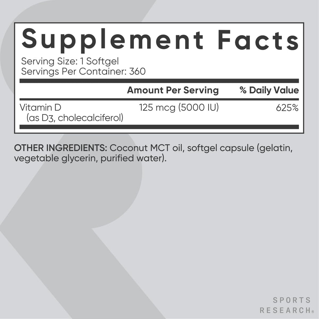 Sports Research® Vitamin D3 w/Coconut MCT Oil - High Potency Vitamin D3 5000iu (125mcg) Supplement for Immune & Bone Support - Seed Oil Free - Non-GMO - Gluten Free (360 Liquid Softgels)