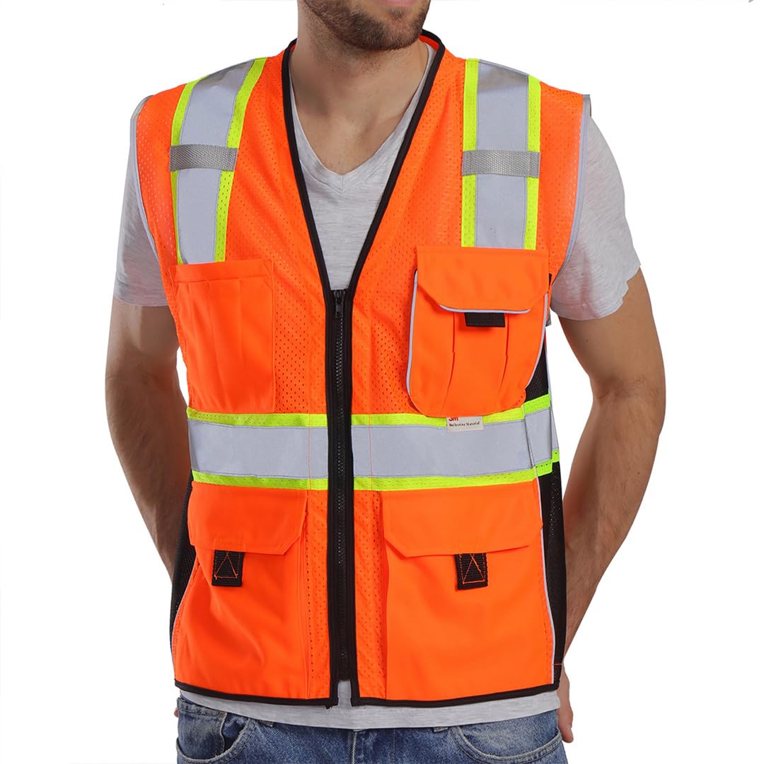 Dib Safety Reflective Vest Orange Mesh, High Visibility Vest with Pockets and Zipper, ANSI Class 2 Heavy Duty, Made with 3M Reflective Tape, M