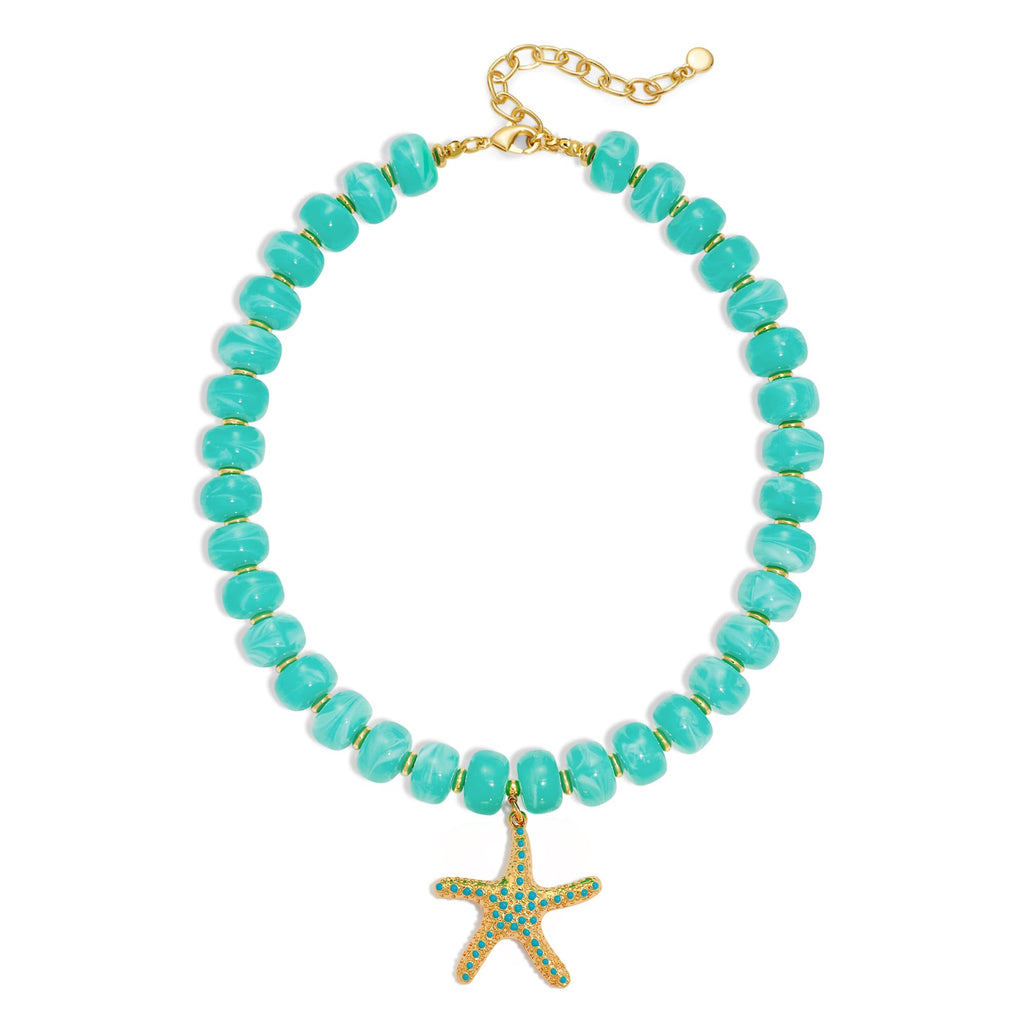 WOWORAMA Boho Chunky Beaded Necklaces for Women Ocean Blue Resin Beads Necklace with Gold Starfish Pendant Necklace Coastal Summer Statement Necklaces Jewelry