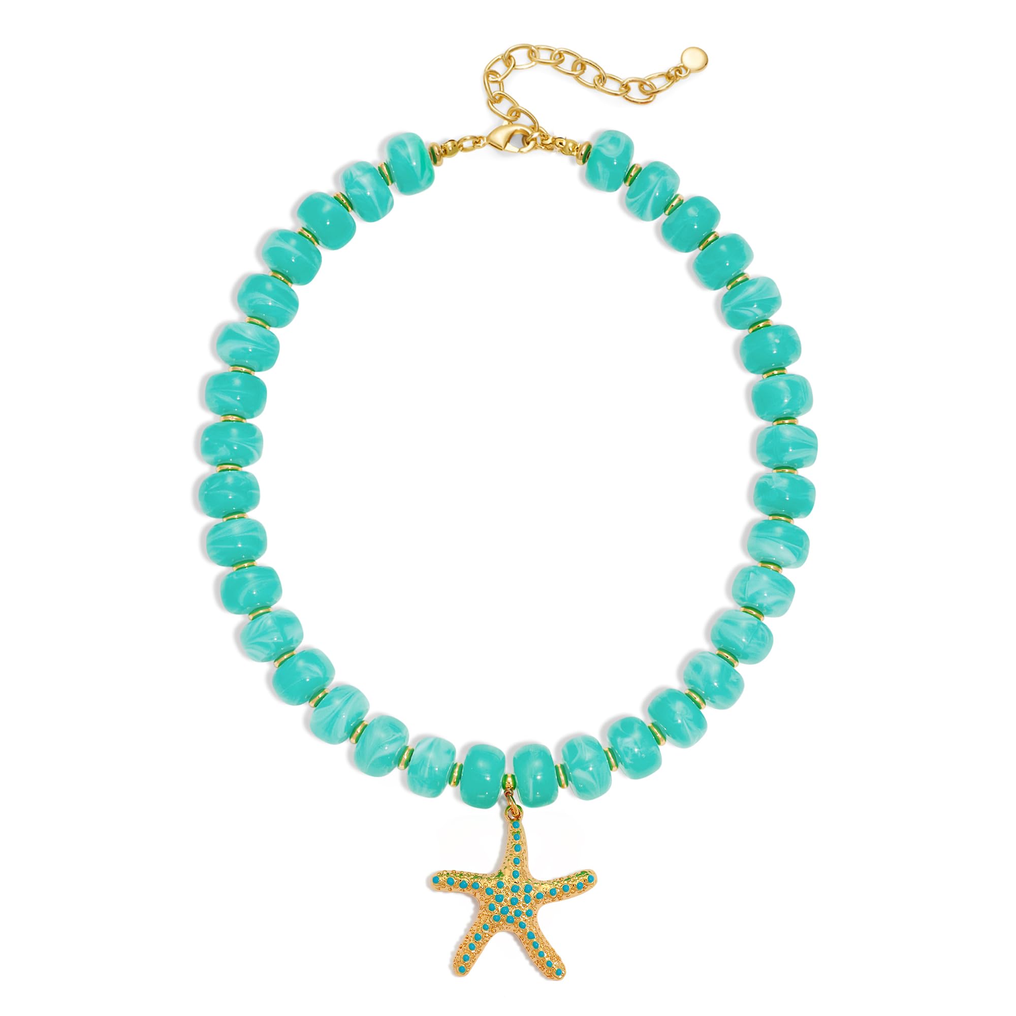WOWORAMA Boho Chunky Beaded Necklaces for Women Ocean Blue Resin Beads Necklace with Gold Starfish Pendant Necklace Coastal Summer Statement Necklaces Jewelry