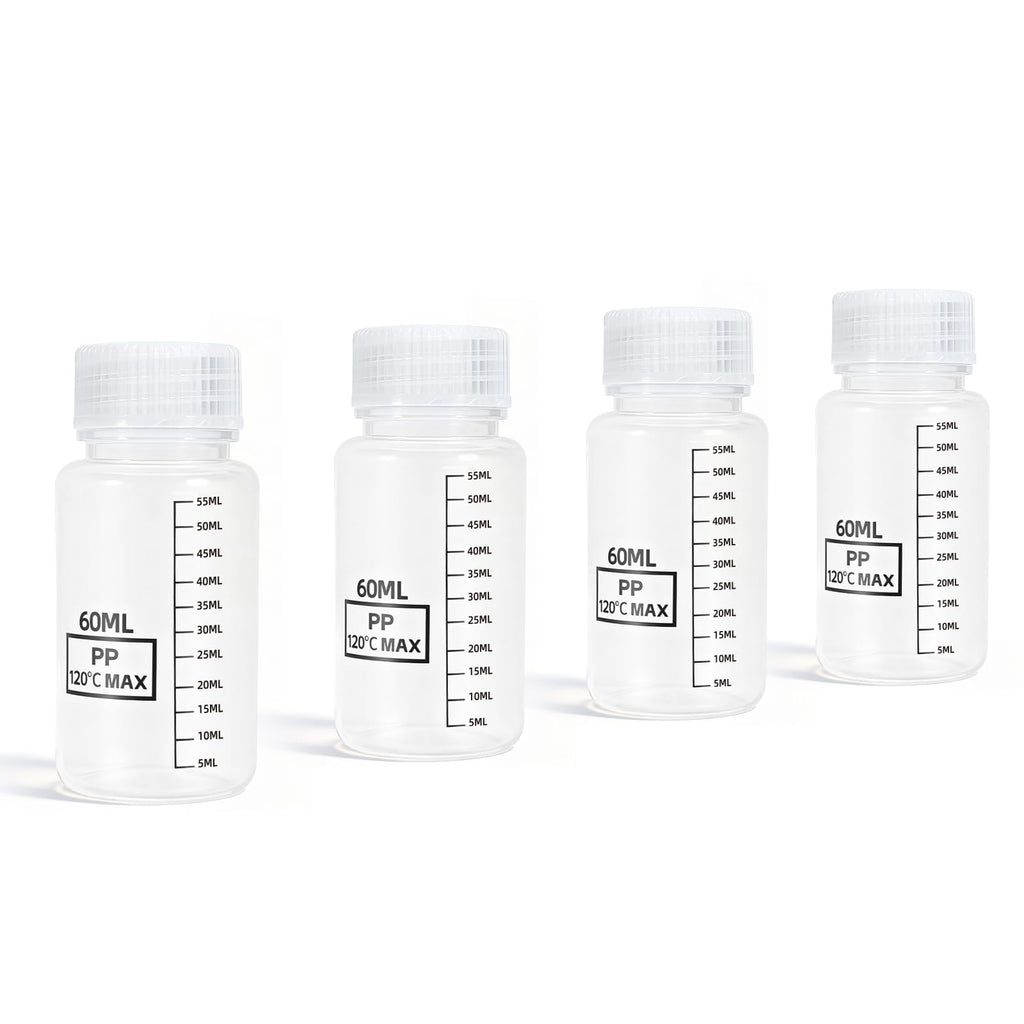 DEMORA Plastic Bottles with Airtight Caps 2oz/60ml, Food Grade Wide Mouth Liquid Containers, Reusable PP Graduated Measuring Bottles for Water Sample Lab Reagent Liquids Mixing (Clear, 4 Pcs)