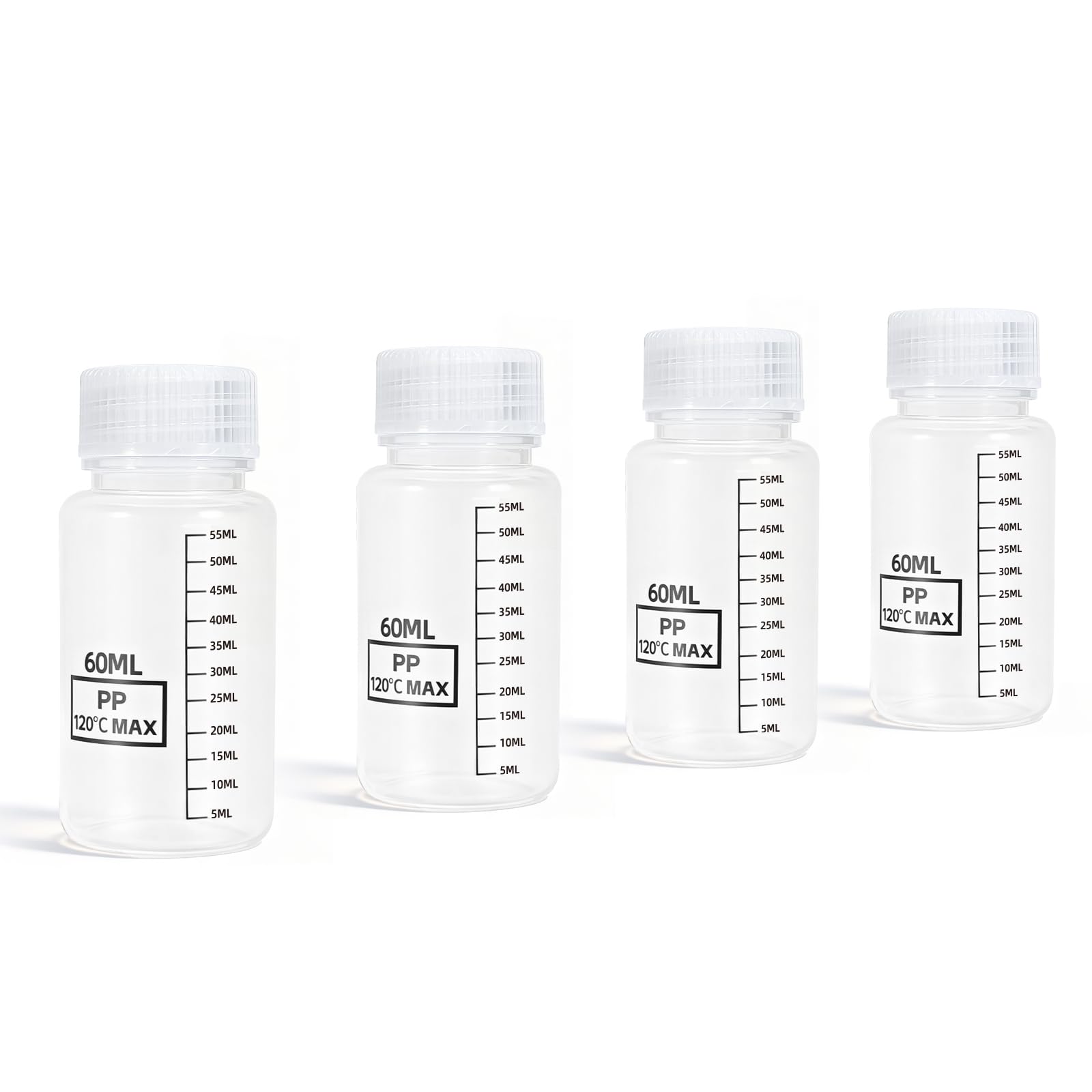DEMORA Plastic Bottles with Airtight Caps 2oz/60ml, Food Grade Wide Mouth Liquid Containers, Reusable PP Graduated Measuring Bottles for Water Sample Lab Reagent Liquids Mixing (Clear, 4 Pcs)
