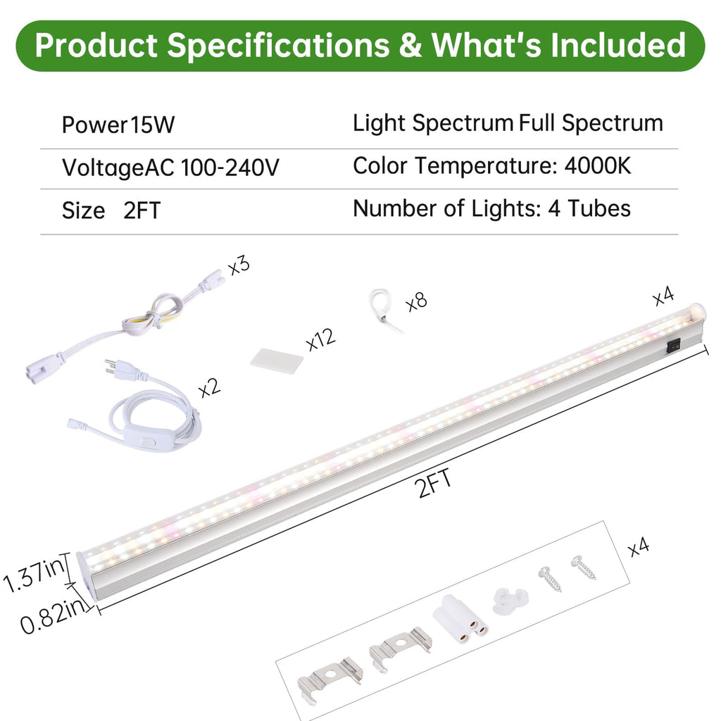 DingChen T5 Grow Lights, 2FT 60W (4×15W, 500W Equivalent), Full Spectrum Grow Lights for Indoor Plants, 4000K, Plug and Play, Easy to Install, for Greenhouse & Plant Shelves (4 Pack)
