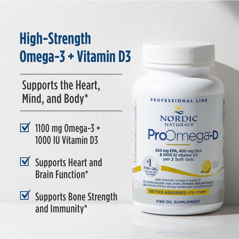 Nordic Naturals ProOmega-D, Lemon Flavor - 120 Soft Gels - 1280 mg Omega-3 + 1000 IU D3 - High-Potency Fish Oil - EPA & DHA - Brain, Eye, Heart, & Immune Health - Non-GMO - 60 Servings