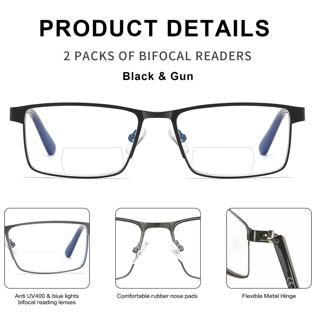 LKEYE Bifocal Reading Glasses Men Progressive Blue Light Blocking Computer Readers No Line Wide Metal Frame Designer Cheaters Transition Square Stylish Fashion Eyewear LK6013 +2.00 Strength