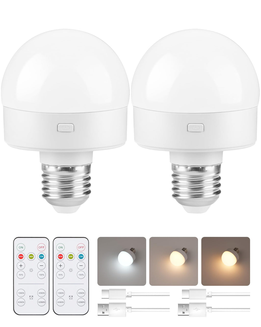 GOEBLESON Rechargeable Light Bulbs with Remote Control 2 Packs, Battery Operated Light Bulbs with Timer & 3 Color Temperature, Detachable Wireless LED Bulb for Lamp, E26 Base, Non-Hardwired, W01YBP206
